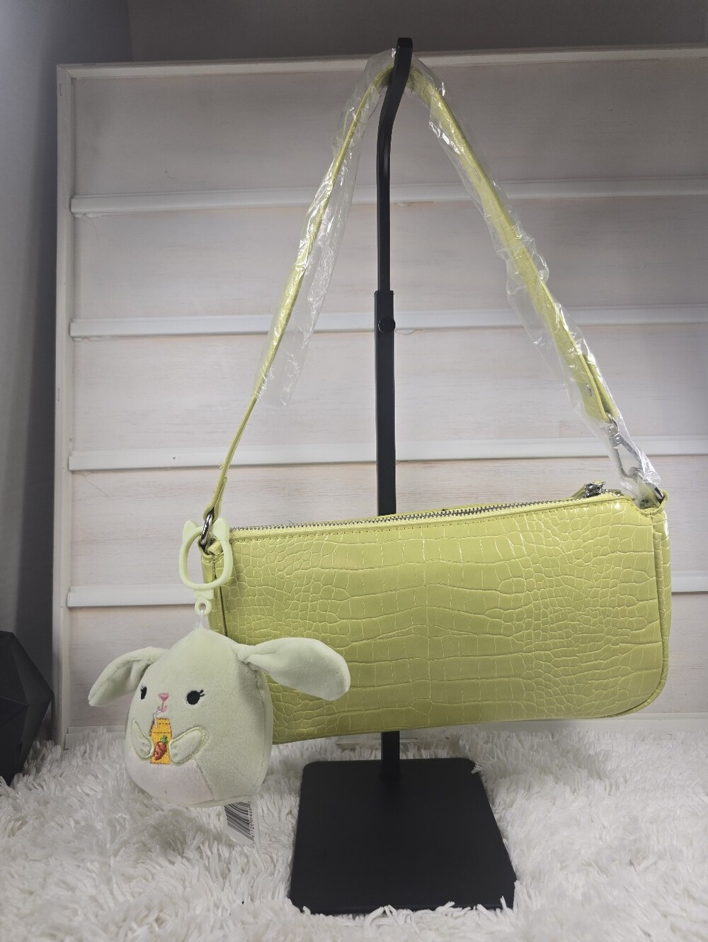 Sleek Lime Croc-Texture Shoulder Bag with squishmallon bag charm